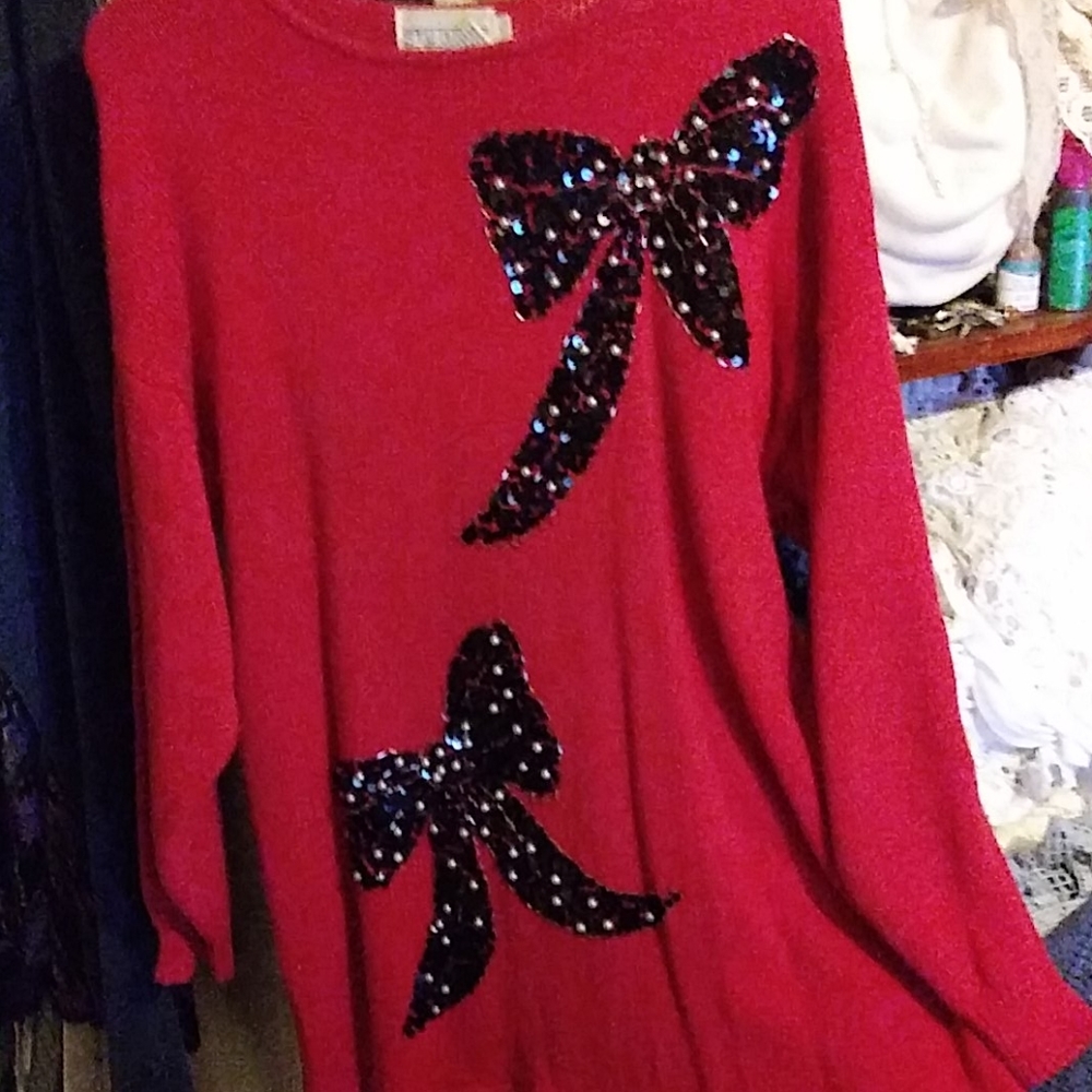 L Studio C red with black sequin Bows long Sweater